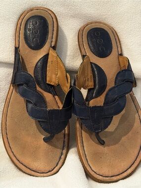 b.o.c. Navy Braided Thong Leather Sandals with Tan Footbed